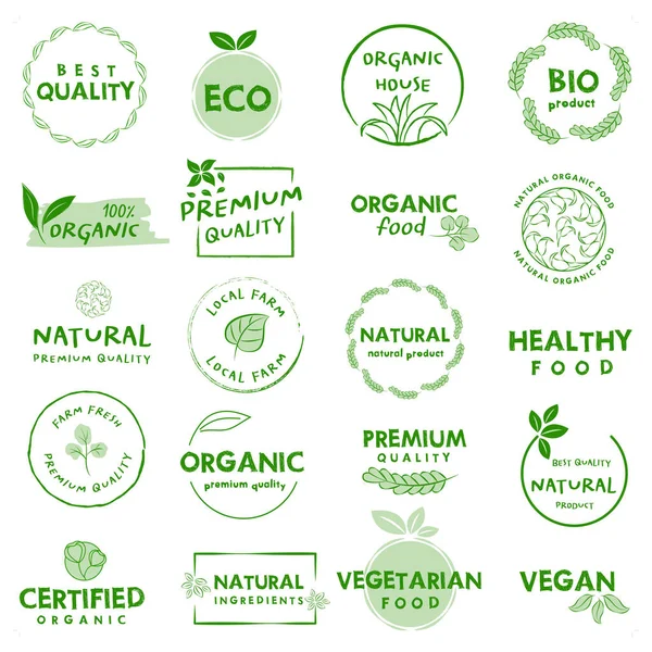Logotipo Signo Etiqueta Engomada Etiquetas Distintivos Alimentos Ecológicos Naturales Para — Vector de stock