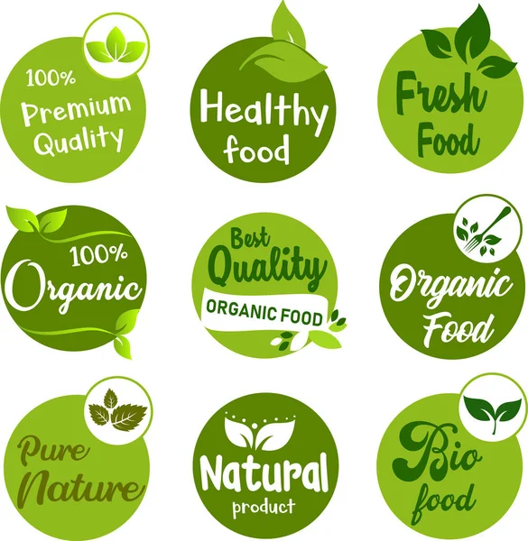 Produits Alimentaires Biologiques Naturels Logo Enseigne Icône Autocollant Étiquettes Badges — Image vectorielle