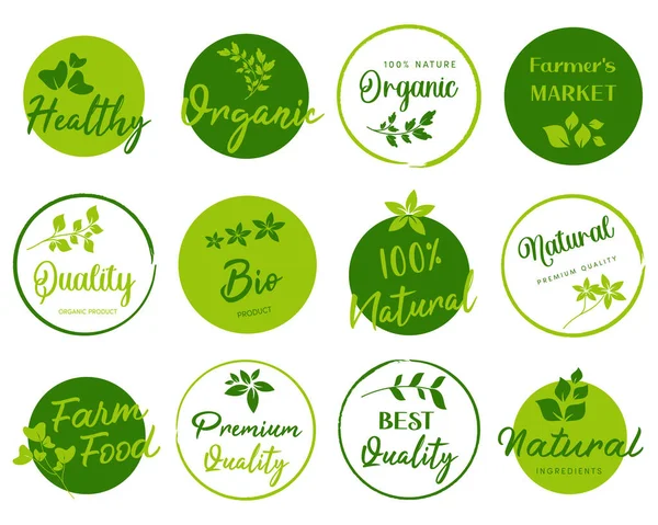 Alimentos Naturales Ecológicos Productos Agrícolas Frescos Ecológicos Pegatinas Insignias Logotipo — Vector de stock