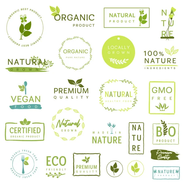 Alimentos Ecológicos Rótulos Productos Naturales Pegatinas Para Mercado Alimentario — Vector de stock