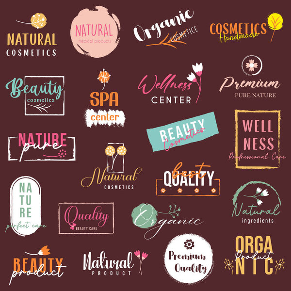 Векторные иллюстрации для органических, натуральных и косметических продуктов, косметики и оздоровительного логотипа, знака, значка и иконки.