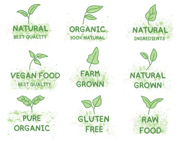 Alimentos Ecológicos Productos Naturales Carteles Frescos Granja Iconos Recogida Elementos — Archivo Imágenes Vectoriales