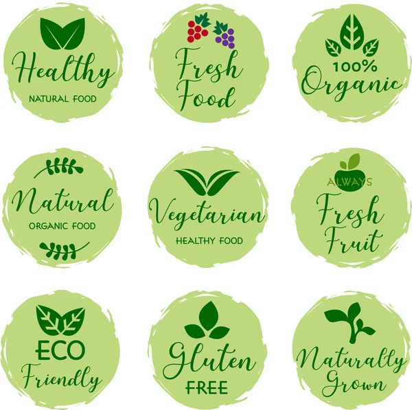 Alimentos Orgânicos Produtos Naturais Rótulos Vida Saudáveis Coleta Crachás Para — Vetor de Stock