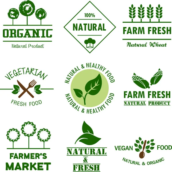 Recolección Alimentos Ecológicos Productos Naturales Vida Sana Etiquetas Insignias Para — Vector de stock