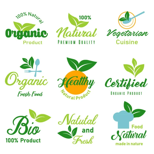 Alimentos Orgânicos Produtos Naturais Rótulos Vida Saudáveis Coleta Crachás Para — Vetor de Stock