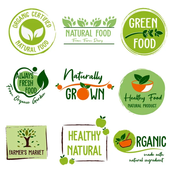 Alimentos Orgânicos Produtos Naturais Ícones Sinais Frescos Fazenda Coleta Elementos — Vetor de Stock