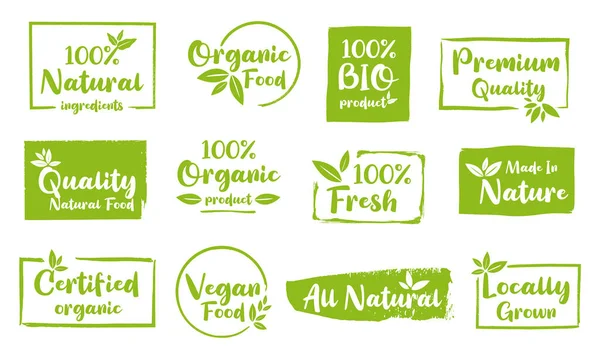 有机食品 农场新鲜和自然产品标识以及食品和饮料市场要素 — 图库矢量图片