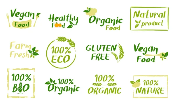 Alimentos Ecológicos Logotipos Productos Naturales Elementos — Vector de stock