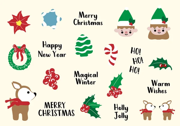 Merry Christmas New Year Elements Santa Snowman Christmas Tree Wreaths — Stock Vector