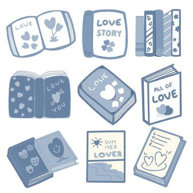 Kitap koleksiyonu aşığı. Okumak için açılan ve kapanan kitaplar. Beyaz izole arkaplan.