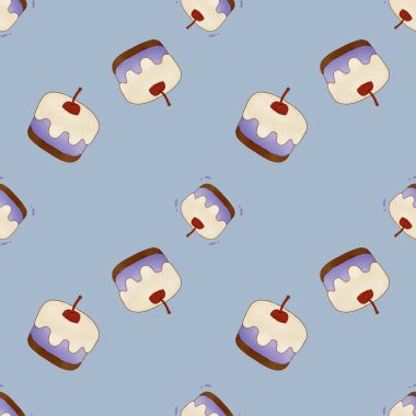 Tatlı pasta ve mavi arka planda vişne deseni.