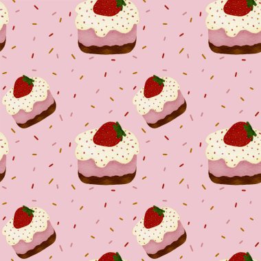 Çilekli kek, taze çilek desenli..