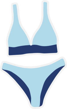 Beyaz arka planda yaz tatilini izole et. Bikini gibi çeşitli plaj ve yazla ilgili eşyaların yer aldığı çıkartma.