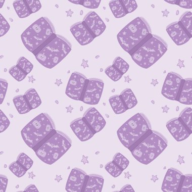 Mor arka planda kusursuz cadılar bayramı deseni. Cadılar Bayramı elementi hayalet, balkabağı, yarasalar kumaş dokusu, dekorasyon, ambalaj kağıdı.