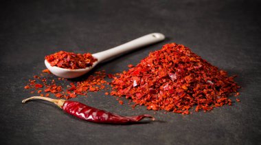 Tarifler için kırmızı kurutulmuş acı biber baharatları. Bir kaşık ve bir yığın acı biber. Yer baharatı. Yüksek kalite fotoğraf