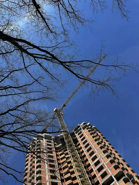 Construction High Rise Building Construction Crane Blue Sky — Stock Photo, Image