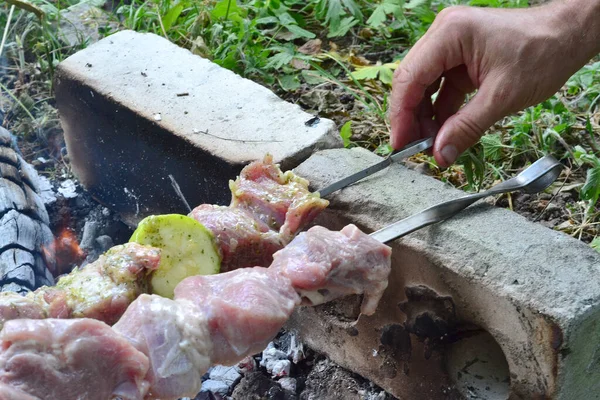 Een Man Kebab Aan Het Grillen Een Barbecue Tuin — Stockfoto