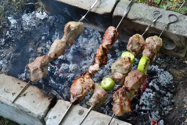 一个人在花园里的绞刑架上烤肉和西葫芦 — 图库照片
