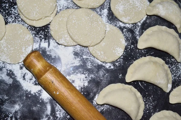 Table Pasted Dumplings Dough Rolling Pin — Stock Photo, Image