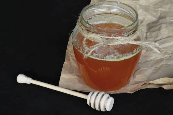 Jar Honey Table Honey Stick Next — Stock Photo, Image