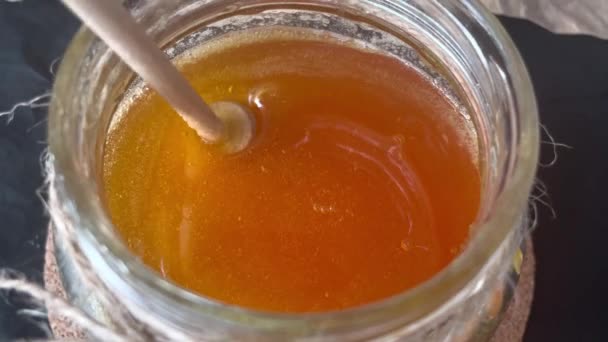 Μέλι Ρέει Όμορφα Από Ραβδί Του Βάζου — Αρχείο Βίντεο