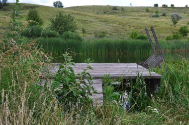 Arazinin ortasındaki gölün üzerinde tahta merdivenler.