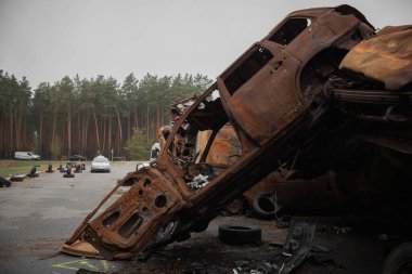 Ormanın yakınında yanan araba mezarlığı.