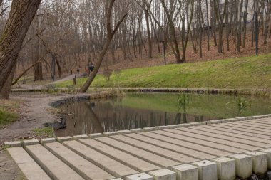 Kharkiv, Ukrayna. Sarzhyn Yar sonbahar parkında bir göl ve köprü vardır..