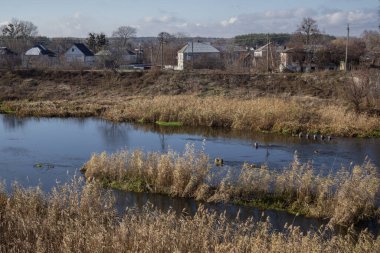 Izyum, Ukrayna - 10 Kasım 2023, Siverskyi Donets nehri şehirde akıyor, nehrin karşısında yerleşim yerleri var.