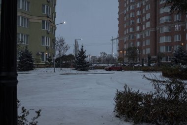 Kyiv, Ukrayna. 23 Kasım 2023: Bahçenin ışıkları açık ve nasıl kar yağdığını görebilirsiniz.