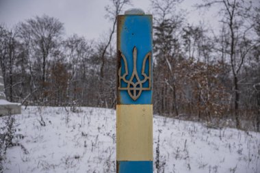 Kyiv, Ukrayna. 01.12.2023: Ukrayna mızrağı olan sarı-mavi bir sütun ormanın yakınında duruyor.