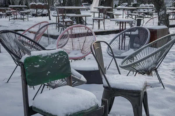 Kiew Ukraine Dezember 2023 Auf Dem Territory Vdng Sind Schneedeckerstühle Stockbild