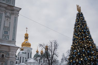 KYIV, UKRAININ 6 ARALIK 2023: ÜIkenin ana ağacı SOFIVSKA AQUARE 'IN AÇIĞI' NIN GECESİNDE AÇIKILDI. İnsanlar çoktan onun etrafında yürümeye başladı bile.