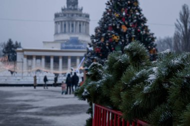Kyiv, Ukrayna - 12 Aralık 2023: soğuk havada, aileler ve arkadaşlar VDNG 'de toplanıyor, orada yeni yıl fuarı açıldı. Yürüyüşe çıkarlar, sıcak kahve içerler ve ata binerler..