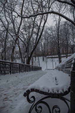 Kyiv, Ukrayna - 8 Aralık 2023: Sabahtan beri şehir yoğun kar yağışı altındaydı. İnsansız, karlı, boş bir park. Kasvetli hava. Banklar karla kaplı.
