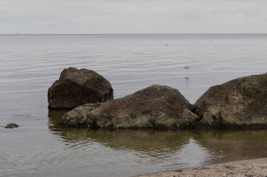 Odesa, Ukrayna. 20 Mart 2024, gri kasvetli bir gökyüzü ve sakin bir Karadeniz. Sahilde büyük taşlar var. uzak uçan kuşlar