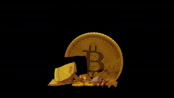 Golden Bitcoin Token Caída Grieta Suelo Con Canal Alfa — Vídeos de Stock