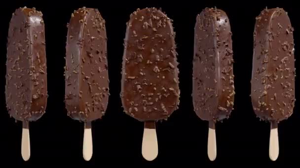 チョコレートアーモンドアイスクリームスティックバーアルファ背景にループを回転 — ストック動画