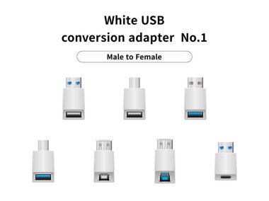 Beyaz USB dönüşüm adaptörü / erkeği 1 numaraya çeviren bir resim setidir..