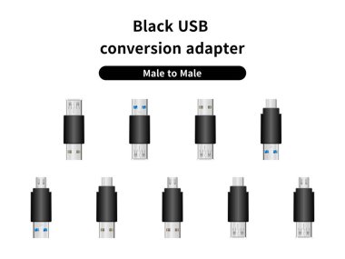 Siyah bir USB dönüşüm adaptörü / erkekten erkeğe bir örnekleme seti..