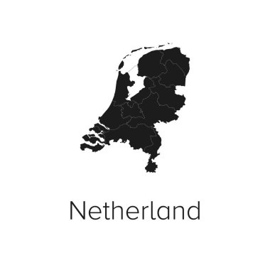 Hollanda Harita Vektör İllüstrasyonu - Siluet, Taslak, Hollanda Seyahat ve Turizm Haritası