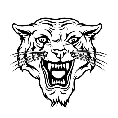 Siyah-beyaz kaplan yüzü çizimi, deatize olmuş temiz çizgi sanatı, illüstrasyon