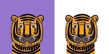 Soyut Parlak Çizgi Film Kaplan Yüzlü Çizim Vektörü, Yaratıcı Sanat Posterleri ve Eğlenceli Çocuk Tasarımları