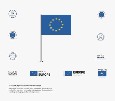 A premium collection of Made in Europe stamps and flag icons, featuring scalable vectors for packaging, branding, and national pride projects. Showcase your love for Europe with Made in Europe stamps and flag designs. clipart