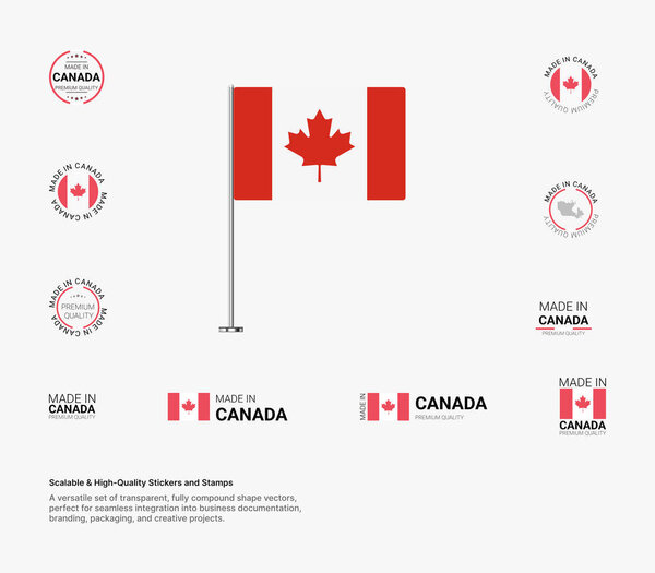 A premium collection of Made in Canada stamps and flag icons, featuring scalable vectors for packaging, branding, and national pride projects. Showcase your love for Canada with Made in Canada stamps and flag designs.