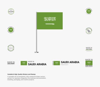 Suudi Arabistan yapımı ambalaj, markalaşma ve ulusal gurur projeleri için ölçeklenebilir vektörler içeren, Suudi Arabistan yapımı pulların ve bayrak simgelerinin birinci sınıf bir koleksiyonu. Suudi Arabistan 'a olan sevginizi Suudi Arabistan damgaları ve bayrak tasarımlarıyla gösterin..