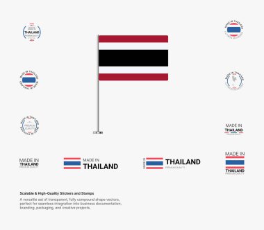 A premium collection of Made in Thailand stamps and flag icons, featuring scalable vectors for packaging, branding, and national pride projects. Showcase your love for Thailand with Made in Thailand stamps and flag designs. clipart