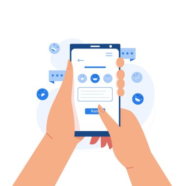 Customer sending feedback on mobile phone, hands holding smartphone online review