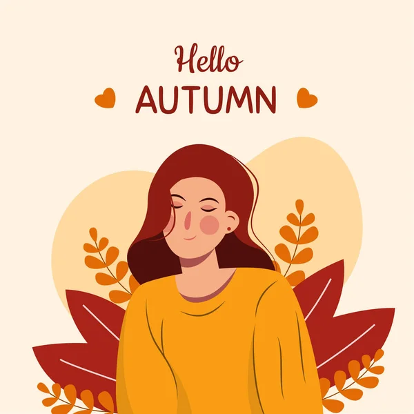 Hello Autumn Concept Lovely Girl Flat Design — Stock Vector