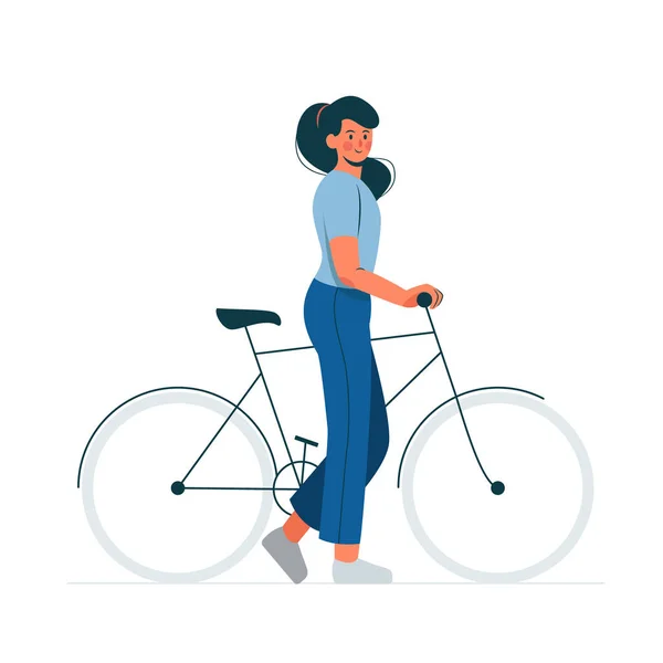 フラットデザインの自転車で歩く若い女の子 — ストックベクタ